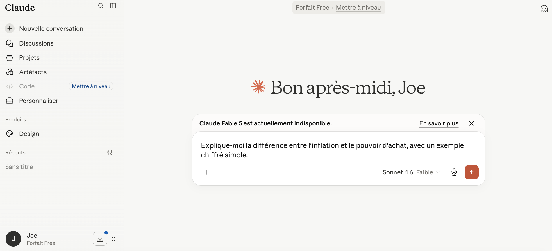 Écran d'accueil de Claude en français : barre de navigation à gauche (Nouvelle conversation, Discussions, Projets, Artéfacts), message « Bon après-midi, Joe » au centre, et une première question tapée dans la zone de saisie avec le modèle Sonnet 4.6 sélectionné.