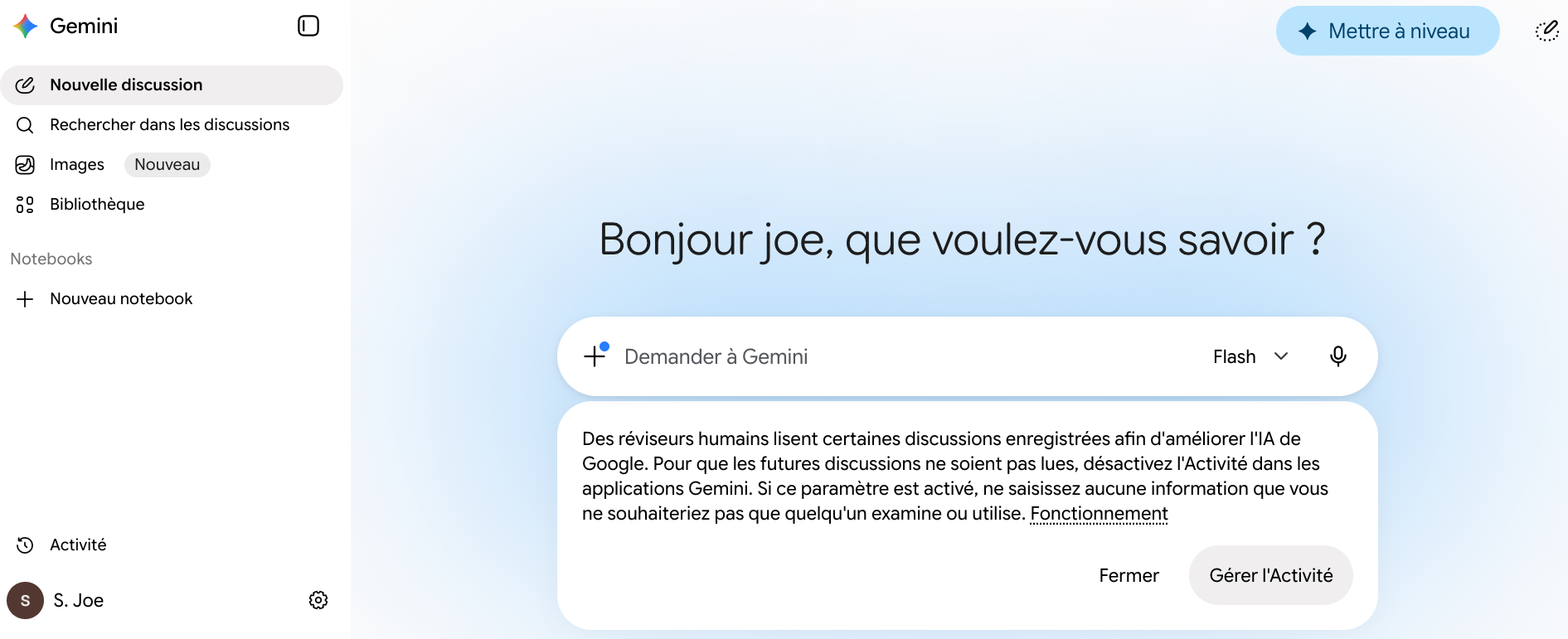 Écran d'accueil de Gemini en français : barre de navigation à gauche (Nouvelle discussion, Rechercher dans les discussions, Images, Bibliothèque, Notebooks), message « Bonjour Joe, que voulez-vous savoir ? » au centre, zone de saisie « Demander à Gemini » avec le modèle Flash sélectionné, et un bandeau sur la confidentialité.